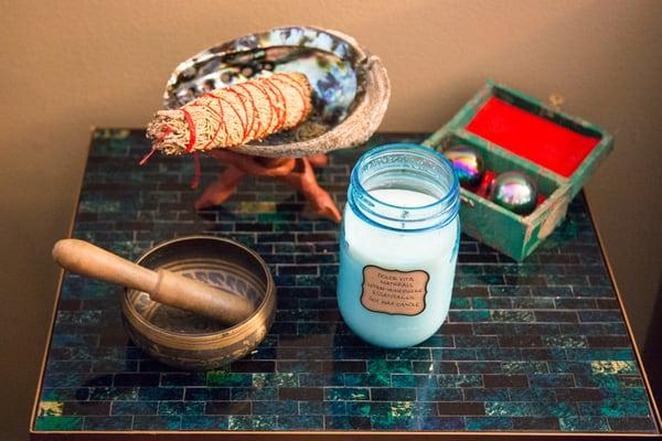 We cleanse our clinic with sage and singing bowls.