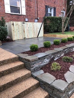 Wood Fence , stone walls , patio , planting