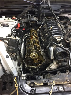 Common source of oil leaks on BMW engine N62 N62TU. Timing covers and alternator bracket.