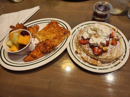 I ordered NY Cheesecake pancakes meal.  I substituted pork for chicken strips and the eggs with fruit. Delicious!