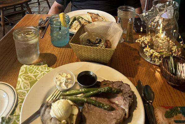 The prime rib special and the halibut and rice.