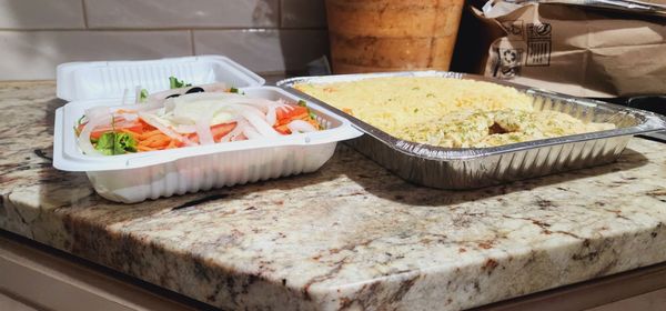 What they call Lemon checkerboard and rice (more like cardboard and rice) & a simple salad