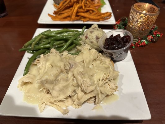 Open Faced Turkey Platter with green beans, mashed potatoes, and cranberry chutney (best cranberry I've ever had!)