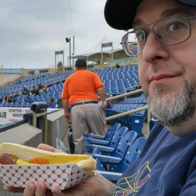 Hubby George S. is half way through his foot long hot dog.