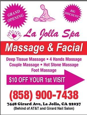 $30.00 off Special Deal! Ending on 28th February ! Couple massage or facial or combinde...Need make an appointment at (858)900-7438!