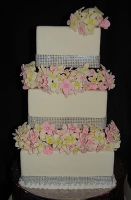 Hydrangea Bling Wedding Cake, Sugar Hydrangeas, on fondant with Rhinestone Bling Ribbon