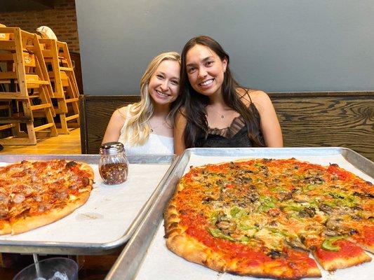 For size reference, the pizza on the left is a medium pizza and the right is a large pizza. These pizzas are HUGE, definitely worth it!