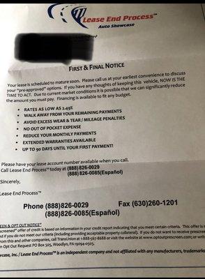 BS mailer campaign,  promising BS just to hijack people lease from the dealer.