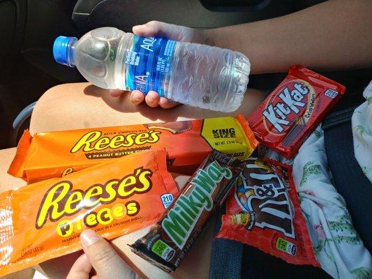 I got 4 candy bara, 1 king size candy & a 16 oz water & it cost $12.62. The water was $0.95, that means the candy bars cost $11.67. Rip off.