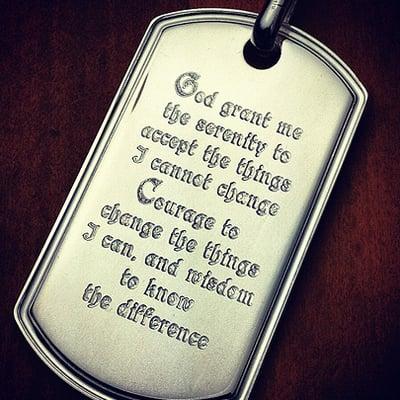 Custom engraved men's dog tag in sterling silver etch engraved with the Serenity Prayer using a Celtic font style specified by the customer.