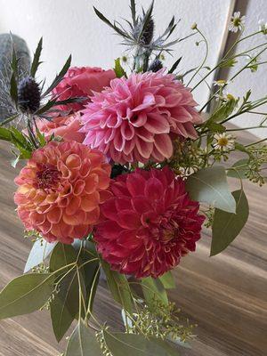 Gorgeous dahlias arrangement from Melissa! At Pismo Farmer's Market Wednesdays 4-7 pm.