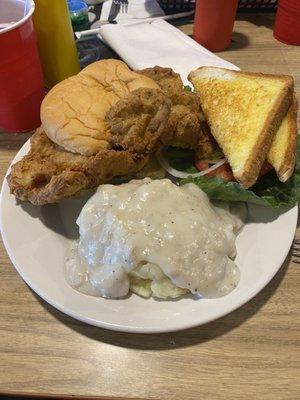 Tenderloin, mashed potatoes w/gravy, and Texas toast.