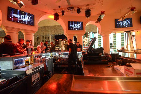 Troy Liquor Bar includes a second story balcony overlooking The Fremont St. Experience.