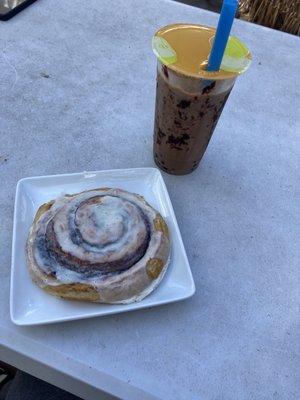 Cinnamon roll, Iced latte + boba