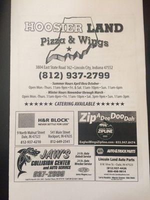 Front of menu for Hoosier Land.