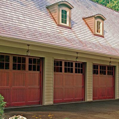 Artisan Garage Doors Features Tongue and Groove Panels With Beaded Edges. Traditional Mahogany.