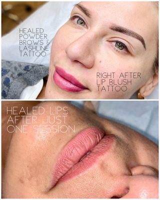 Healed powder brows, fresh lash line enhancement tattoo and lip blush...and the healed result of the lip blush