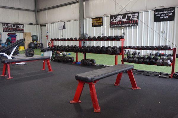 Free-weight area with dumbbells up to 120lbs!