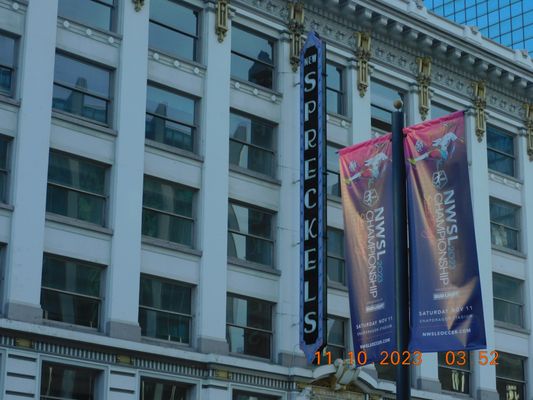 The tall building that was the main theater for the City of San Diego the Spreckles Theater.