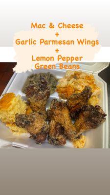 Garlic Parmesan Wings + Mac & Cheese + Lemon Pepper Green Beans