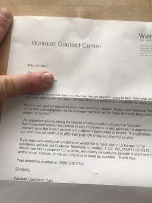 This is response letter after I sent letter to Walmart CEO regarding excellent service from Pharmacy staff at this location.