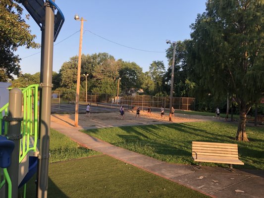 Sand volleyball court. Tennis courts.