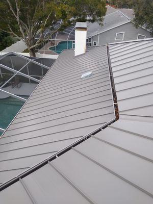 Standing seam metal roof in slate grey.