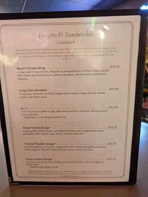 Burger & Sandwich menu continued.