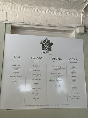 Coffee and tea menu