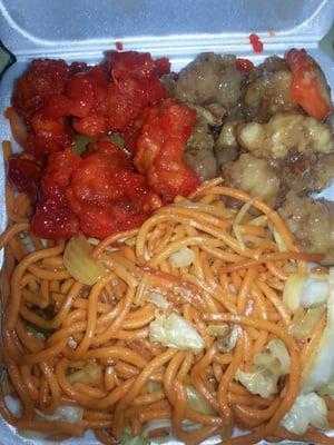 Chow mein, sweet and sour chicken, and orange chicken. Chinese fast food at this location is delicious!