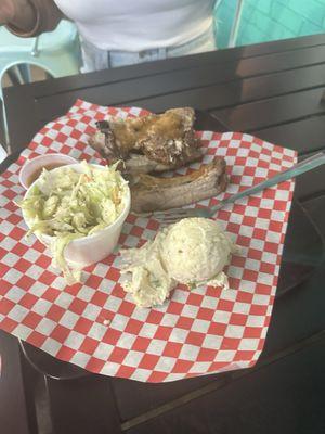 Ribs, potato salad and Cole slaw