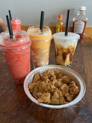 Watermelon Slush, Camo Thai and Tiger Sugar Milk Tea for drinks and Salt Pepper Popcorn Chicken.