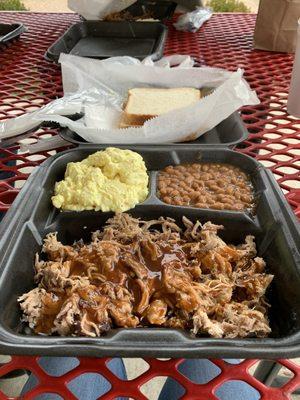 Pulled Pork Plate with beans and potato salad