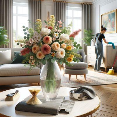 A team member cleans, with a bright bouquet of flowers in the foreground, showcasing the blend of thorough cleaning and floral elegance.