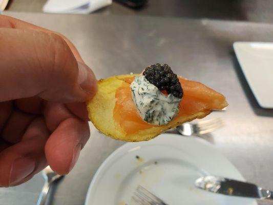 House Made Lox, American Caviar, Cucumber Dill Crème Fraiche, Salt & Vinegar Chip (hors d'oeuvre)
 
 (Photo from our tasting)