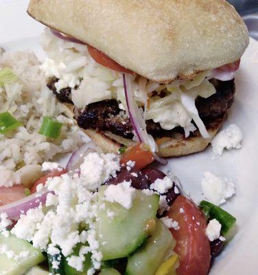 The Cippy Burger, delicious, with a great fresh Greek style salad