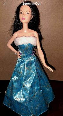 Very beautiful fur lined bluish teal with gold print embellishments Gown for Barbie dolls. (Dress Only)