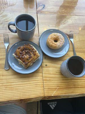 Citrus green tea, sticky bun, donut, coffee