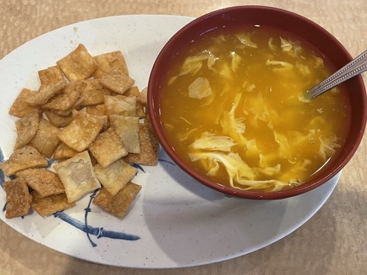 Egg drop soup with crispy wontons