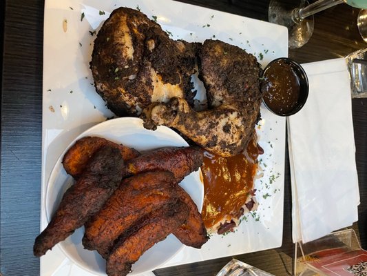 Jerk chicken, Sweet Fried Plantains, rice and peas