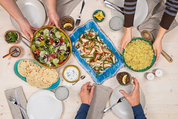 Showmars: Chicken Santorini, Greek Salad, Rice, Pita Bread and Tzatziki Pita Sauce