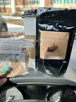 Gluten free peanut butter cookie, latte and sample bag of their coffee.