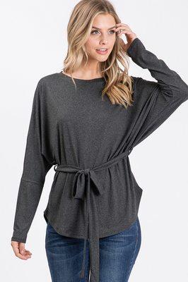 PLUS SIZE, DOLMAN LONG SLEEVE TOP W/ DETACHABLE WAIST STRAP