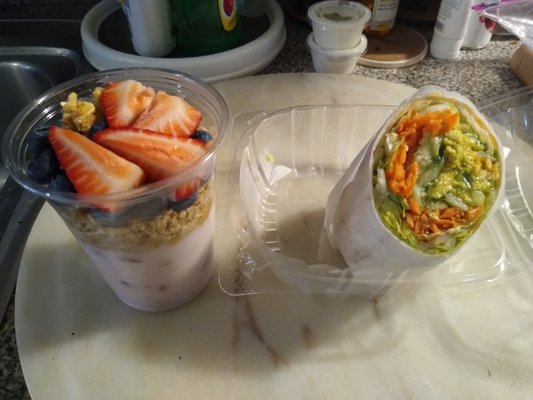 Yogurt parfait and half of the veggie wrap