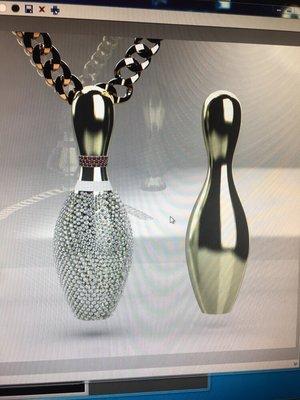 Custom designing a 3D ruby and diamond bowling pin pendant with over 20cts of diamonds