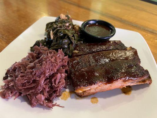 Quarter Rack Pork Ribs, Braised Red Cabbage, Collards $16.95 (awfully dry).