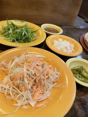 Banchan (Korean side dishes)!!! Pickled Radish, Cabbage Salad, Green Onion, Pickled Jalapeños!