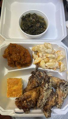 Ranch Wings + Greens + Yams + Mac N Cheese + Cornbread