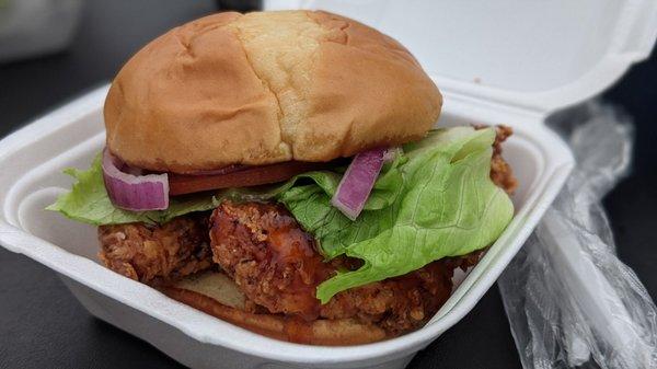 Fried chicken sandwich with hot honey and sriracha mayo