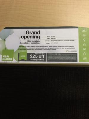 For our grand opening we are letting new clients have 25$ off their tax preparation.